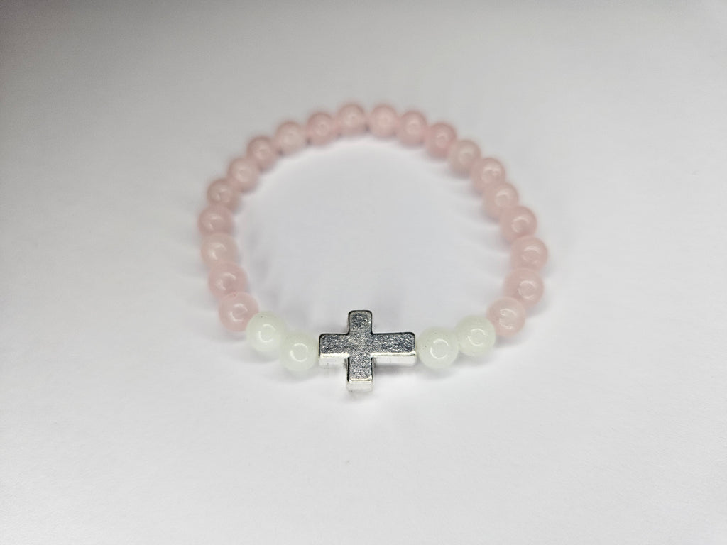 Pink Rose Quartz Gemstone Cross Bracelet