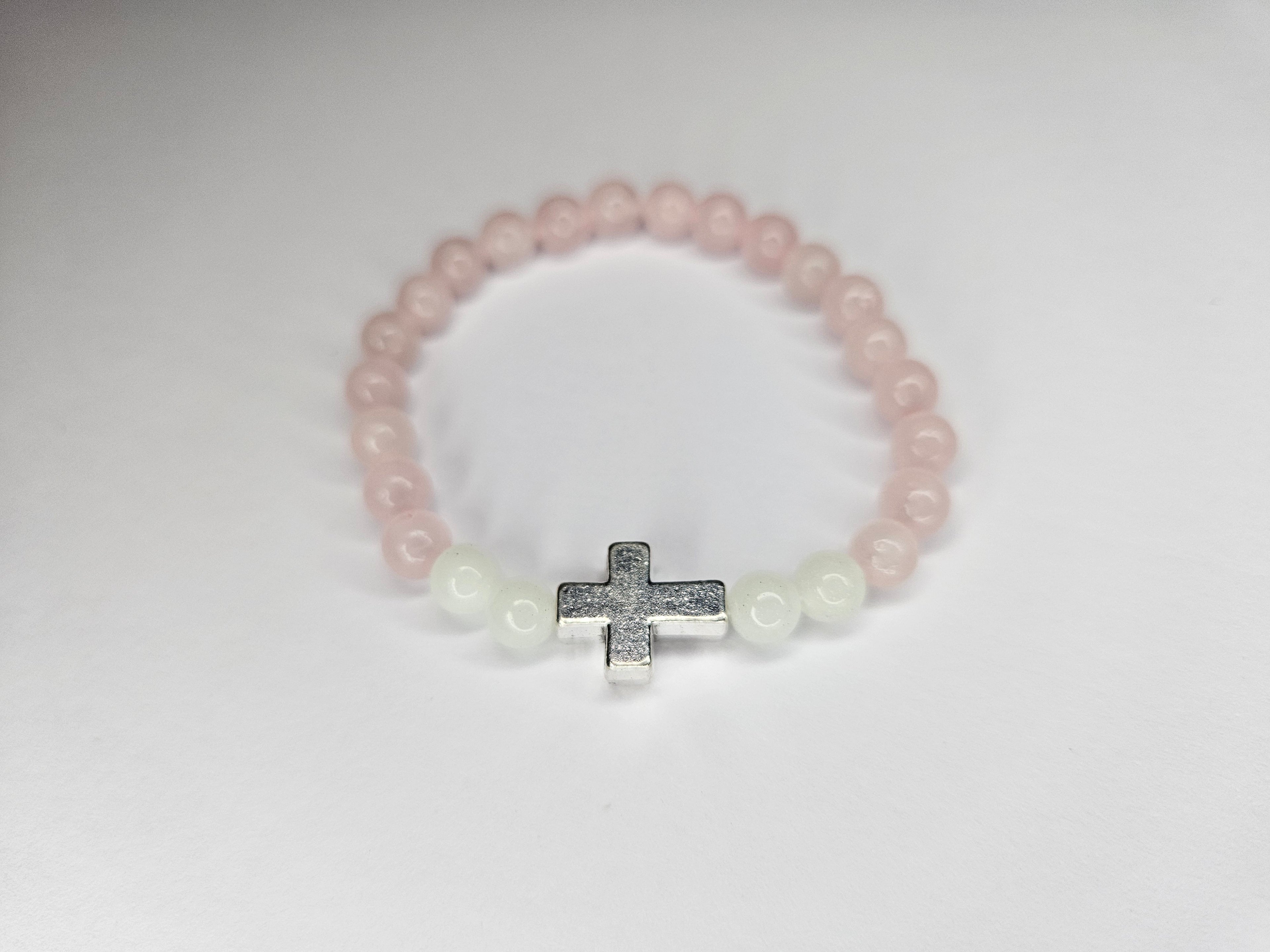 Pink Rose Quartz Gemstone Cross Bracelet