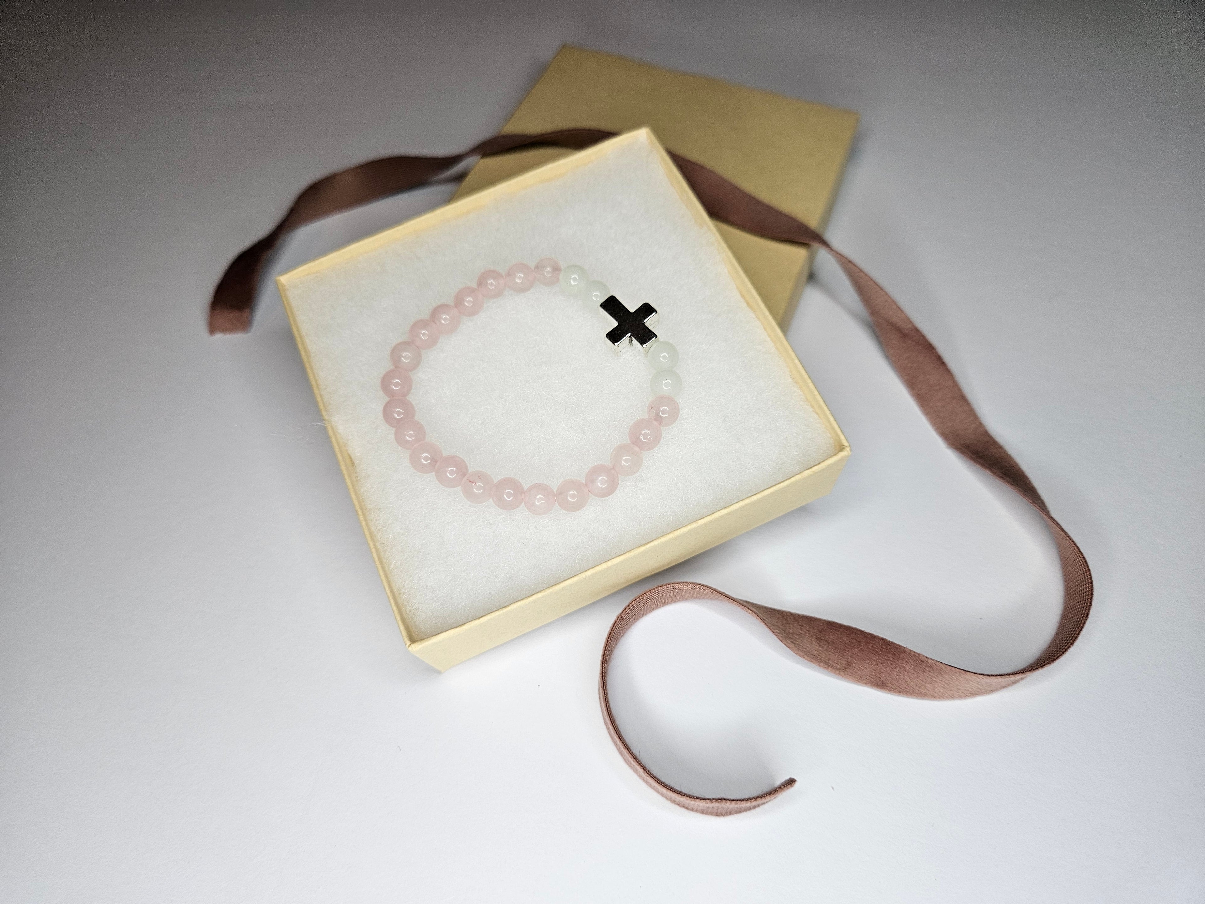 Pink Rose Quartz Gemstone Cross Bracelet